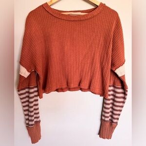 Gilded Intent Cropped Thermal Top Mixed Sleeve Striped Boho Rust Medium